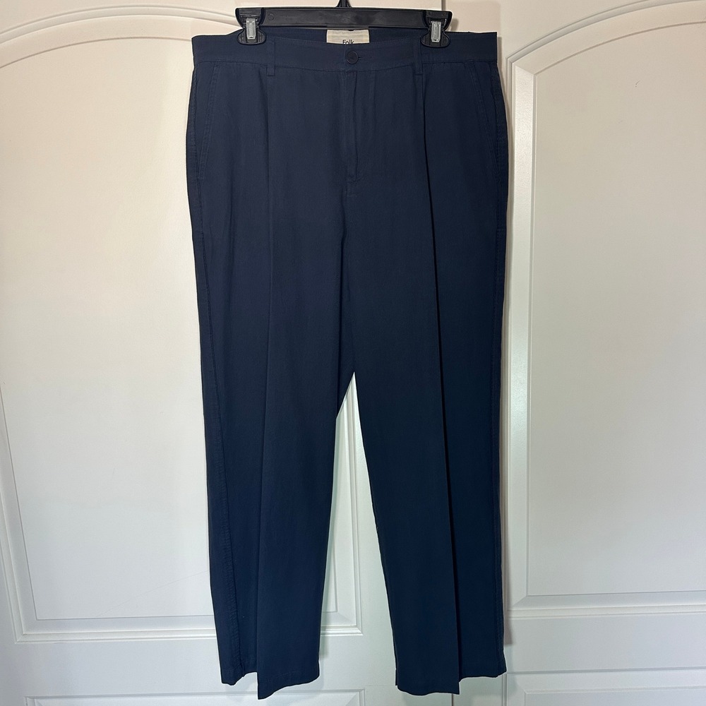 Folk Navy Blue‎ Cotton Pleated Trousers Pants Straight Leg Womens 3 or 12